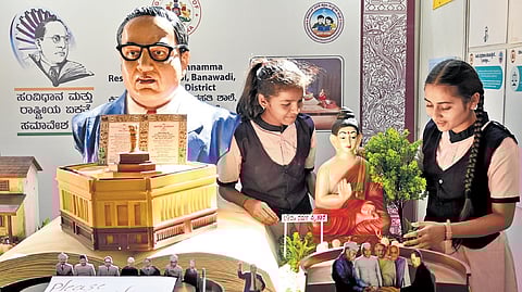 Schoolkids at a stall during the inaugural session of the Constitution and National Unity Convention 2024, in Bengaluru on Saturday, Feb 24, 2024.