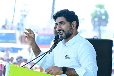 TDP general secretary Nara Lokesh during Sankharavam program on Saturday. 