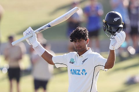 New Zealand’s Rachin Ravindra celebrates reaching his century during day one of the first cricket Test match between New Zealand and South Africa at the Bay Oval in Mount Maunganui on February 4, 2024.