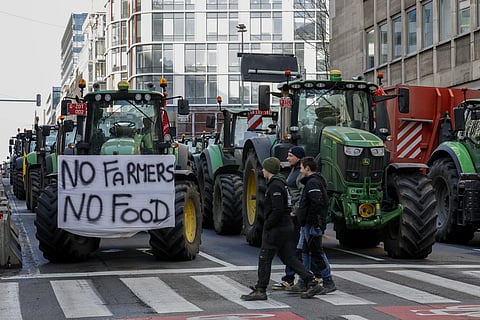 Tractors are parked near the European Parliament during a protest by farmers as European leaders meet for an EU summit in Brussels, Thursday, Feb 1, 2024.