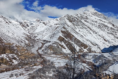 A general view shows snow laden terrain at Keraman village in the Dara district of Panjshir province.
