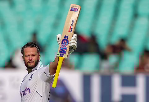 England's Ben Duckett celebrates his century on the second day of the third Test between India and England (Photo | PTI)