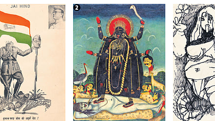 1 ‘Jai Hind’, Unidentified artist (National Press Cawnpore) 2 ‘Dakshinakali’, Unidentified artist (Early Bengal School) 3 ‘Untitled’, M F Husain (1913-2011) 