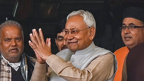 Bihar Chief Minister Nitish Kumar arrives at State Legislative Assembly during the Budget session, in Patna, Tuesday, Feb. 13, 2024. 