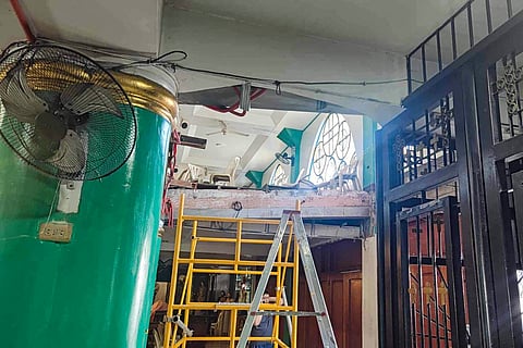 This photo shows a general view of a partially collapsed balcony inside a church in San Jose del Monte, Bulacan, on February 14, 2024.