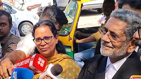 KK Rema, MLA and wife of Chadrasekharan, outside the HC, on Monday. 