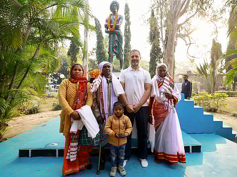 Congress leader Rahul Gandhi with others after paying tribute to the statue of freedom fighter Birsa Munda during the Bharat Jodo Nyay Yatra. 