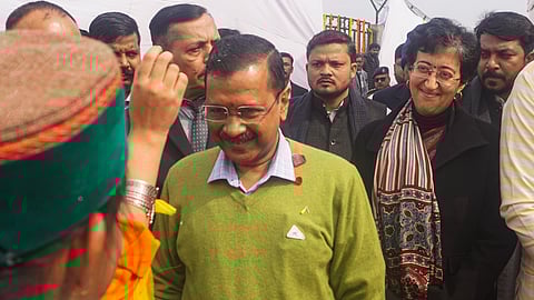 Delhi Chief Minister Arvind Kejriwal and Delhi Education Minister Atishi Singh during the foundation stone laying ceremony of a government school at Kirari, in New Delhi. 