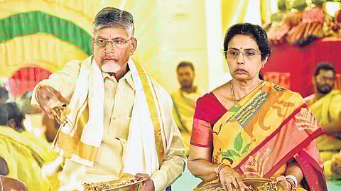 TDP supremo N Chandrababu Naidu, along with his wife Bhuvaneswari, participates in Raja Shyamala Yagam at his residence in Undavalli on Friday.