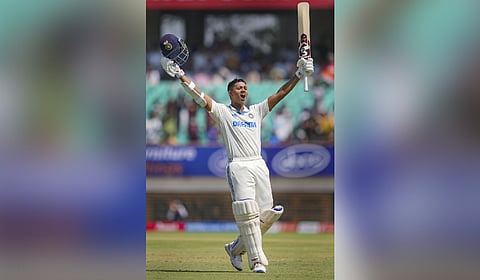 India's Yashasvi Jaiswal celebeates scoring 200 runs during the 4th day of the 3rd cricket Test match between India and England, at Niranjan Shah Stadium, in Rajkot.