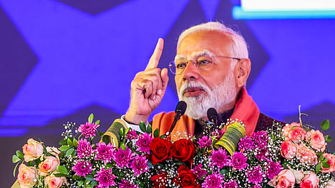 Prime Minister Narendra Modi speaks during the foundation stone laying and inauguration of various development projects, in Rewari district.