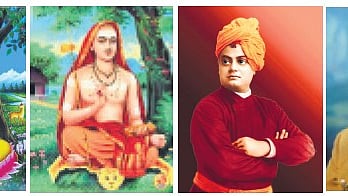 A collage of Adi Shankaracharya, Swami Vivekananda.