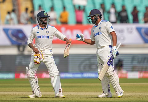 Rohit Sharma (R) and Ravindra Jadeja added 204 runs for the fourth wicket on Thursday (Photo | PTI)