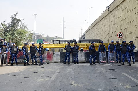 Delhi Police barricaded the Ghazipur border on Monday, ahead of the farmers' call for a march to Delhi on February 13, 2024.