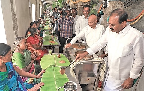 TTD Chairman Bhumana Karunakara Reddy and EO AV Dharma Reddy serve Nitya Annaprasadam to devotees at Sri Govindaraja Swamy temple on Thursday