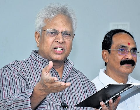 Ex-MP Undavalli Arun Kumar addressing the media on Saturday.