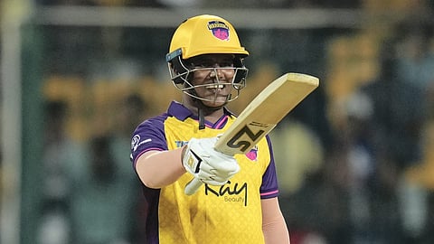 UP Warriorz' Kiran Navgire celebrates after scoring a half century during a 'Women's Premier League (WPL) 2024' T20 cricket match between Mumbai Indians and UP Warriorz on Feb. 28, 2024.