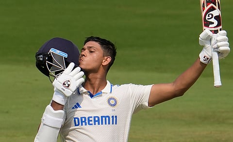 Yashasvi Jaiswal celebrates his century on the first day of the second Test between India and England in Visakhapatnam.