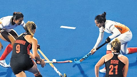 India and Netherlands players in action on Sunday, Feb 4, 2024. | Shamim Qureshy