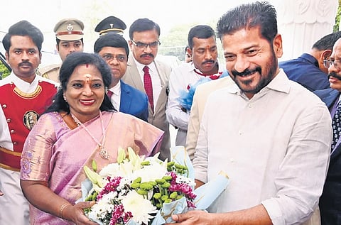 Chief Minister A Revanth Reddy welcomes Governor Tamilisai Soundararajan 
on the Assembly premises on Thursday
