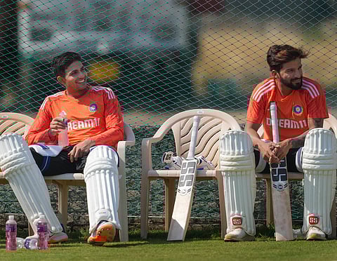 India's Shubman Gill and Rajat Patidar during a practice session ahead of the third Test match between India and England at Saurashtra Cricket Association Stadium in Rajkot (Photo | PTI)