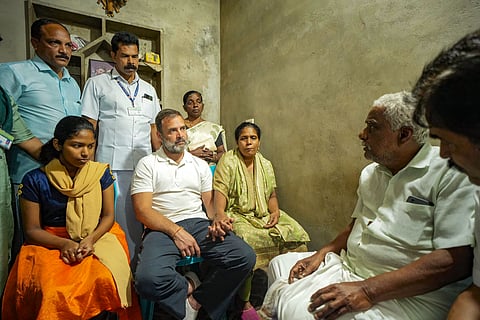 Cogress MP Rahul Gandhi meets the family of Ajeesh, a forest watchman who was killed in an elephant attack, in Wayanad, Kerala, Sunday, Feb. 18., 2024