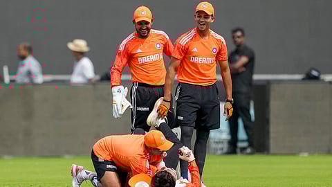Indian players during a practice session ahead of the third Test match between India and England, at Saurashtra Cricket Association Stadium, in Rajkot, Tuesday, Feb. 13, 2024.