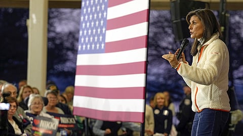 Republican presidential candidate former UN Ambassador Nikki Haley speaks at a campaign rally on Tuesday