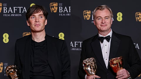 L-R: Cillian Murphy, winner of the leading actor award for 'Oppenheimer' and Director Christopher Nolan, winner of the best film award and director award for 'Oppenheimer', at the 77th British Academy Film Awards, BAFTA's, in London, Sunday, Feb. 18, 2024. 