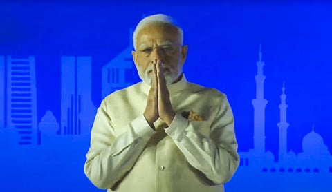 Prime Minister Narendra Modi speaks during the 'Ahlan Modi' programme in Abu Dhabi 