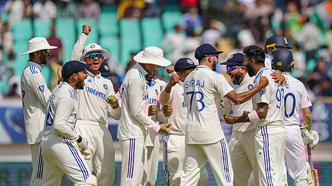 India's Jasprit Bumrah with teammates celebrates the wicket of England's Zak Crawley during the 4th day of the 3rd cricket Test match between India and England.