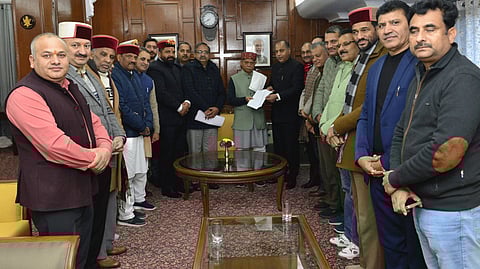 Himachal Pradesh Governor Shiv Pratap Shukla during a meeting with Leader of Opposition in the state Assembly Jairam Thakur and BJP MLAs, at Raj Bhavan, in Shimla, Wednesday, Feb. 28, 2024. 