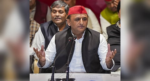 Samajwadi Party President Akhilesh Yadav addresses a press conference, at the party office in Lucknow, Wednesday, Feb. 28, 2024.