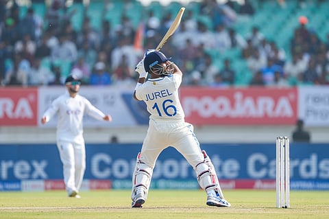 Dhruv Jurel plays a shot on the second day of the third cricket test match between India and England in Rajkot, India, Friday, Feb. 16, 2024.
