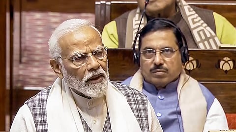 Prime Minister Narendra Modi speaks in the Rajya Sabha during the Budget session of Parliament, in New Delhi