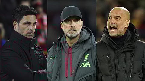 (From L to R) A collage of Arsenal FC manager Mikel Arteta, Liverpool FC manager Jurgen Klopp and Manchester City manager Josep Guardiola.