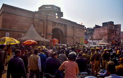 Crowd outside the Gyanvapi Mosque, in Varanasi, Thursday, Feb. 1, 2024.