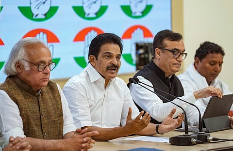 Congress leaders KC Venugopal, Jairam Ramesh and Ajay Maken brief the media at AICC headquarters, in New Delhi, Thursday, Feb. 22, 2024. 