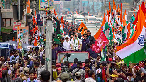 Congress leader Rahul Gandhi during the 'Bharat Jodo Nyay Yatra', in Murshidabad district, West Bengal on Thursday.