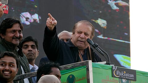 Pakistan's former Prime Minister Nawaz Sharif, centre, addresses his supporters during an election campaign rally in Khudian Khas near Kasur, Pakistan, Tuesday, Feb. 6, 2024.
