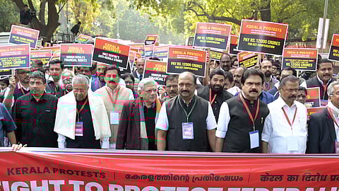Kerala Chief Minister Pinarayi Vijayan with CPI(M) General Secretary Sitaram Yechury and others during LDF's protest against the BJP-led Centre over alleged neglect and partiality in allocation of funds to their states, at Jantar Mantar, in New Delhi on Thursday.