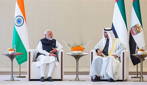 PM Modi with UAE President Mohamed bin Zayed Al Nahyan during a meeting, in Abu Dhabi.