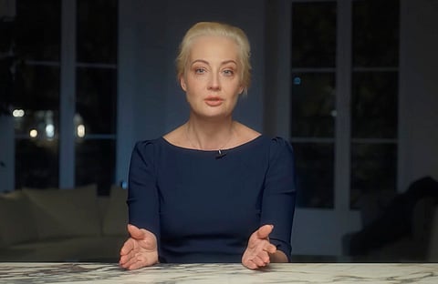 In this image taken from video released by Navalny Team on Monday, Feb. 19, 2024, Yulia Navalnaya, widow of Russian opposition leader Alexei Navalny, gives a video message.