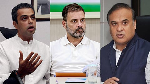 (L to R) A collage of Shiv Sena leader Milind Deora, Congress leader Rahul Gandhi and Assam CM Himanta Biswa Sarma