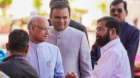 Maharashtra Governor Ramesh Bais with Chief Minister Eknath Shinde and State Assembly Speaker Rahul Narwekar during the one-day special session of the Assembly on Maratha reservation, in Mumbai, Tuesday, Feb. 20, 2024.