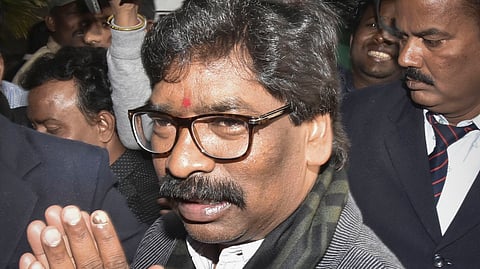 Jharkhand Mukti Morcha (JMM) working President Hemant Soren arrives for a party meeting in Ranchi, Jharkhand 