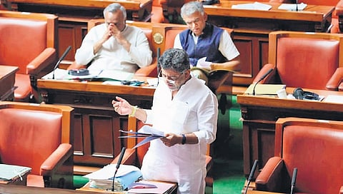 Deputy Chief Minister DK Shivakumar addresses the Assembly in Vidhana Soudha in Bengaluru on Tuesday.