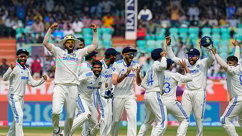 Indian players celebrate the wicket of England captain Ben Stokes during the fourth day of the second Test at Dr YS Rajasekhara Reddy ACA-VDCA Cricket Stadium, in Visakhapatnam, Monday, Feb. 5, 2024.