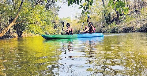Visitors kayaking at eco the -tourism park in Pacherla of Nandyal district.