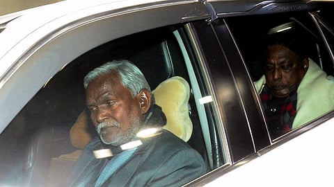  Jharkhand Cabinet Minister Champai Soren with others leaves for Raj Bhavan from Hemant Sorens residence, in Ranchi, on Jan 31, 2024.